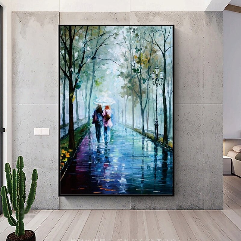 Couple lovers Oil painting handmade Raining Couple lovers oil painting - Hand Painted Impressionist Paris Lovers Oil Painting On Canvas Palette Knife Art oil paintings best gift for living room4