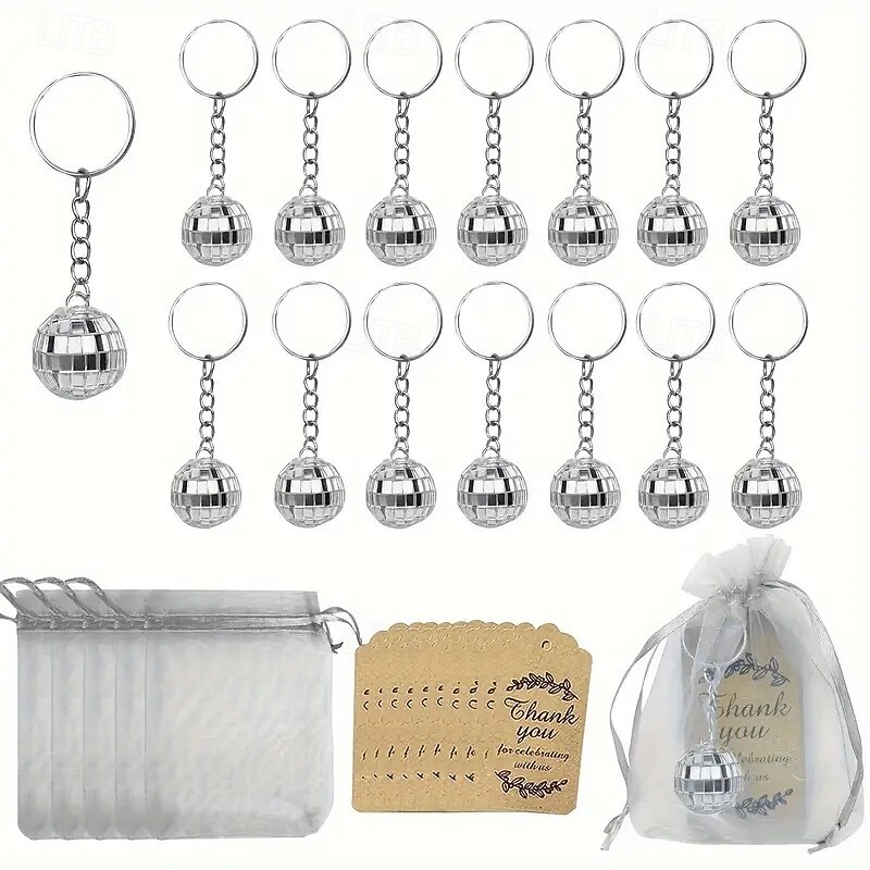 24pack 24-Piece Disco Ball Keychain Set with Thank You Tags & Organza Bags 70s 80s Party Favors Carnival Supplies Birthday Gifts - Silver Mirror Ball Keychains for Events & Celebrations
