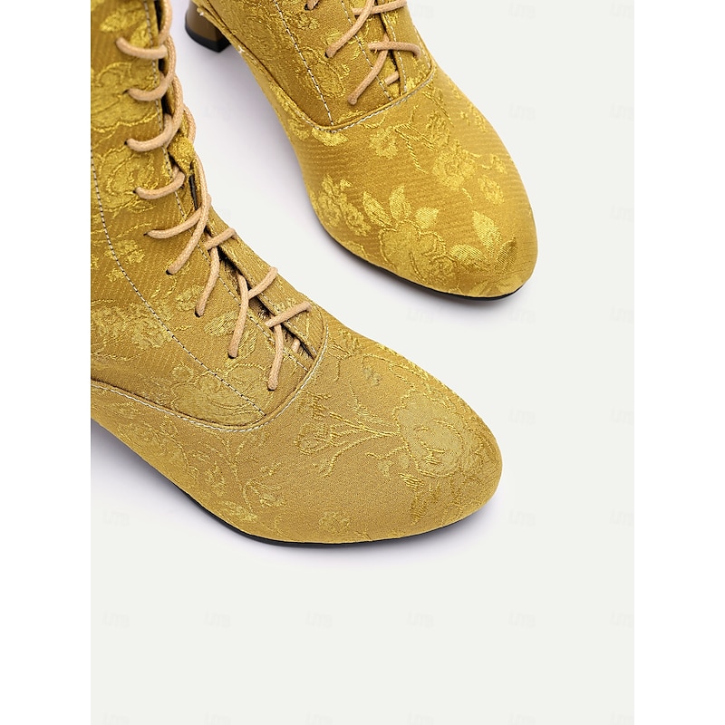 Women's Vintage Floral Lace-Up Ankle Boots with Mid Heel – Elegant Jacquard Boots for Retro Style and Special Occasions4
