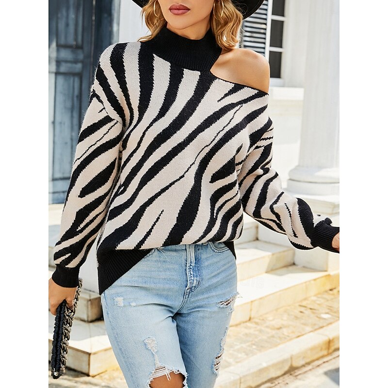 Women's Sweater Pullover Sweater Jumper Casual Soft Striped Ribbed Stand Collar Pocket Knitted Cold Shoulder Long Sleeve Regular Tops Knit Outdoor Daily Weekend Black Red Fall Winter4