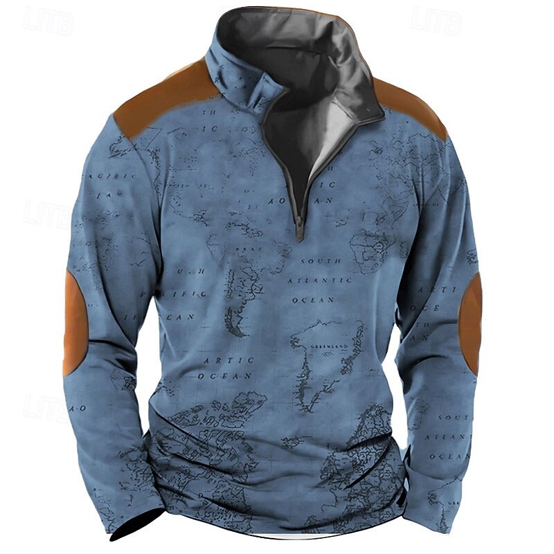 Men's Nautical Map Sweatshirts Street Style Vintage Retro Long Sleeve Quarter Zip Hunting Streetwear Blue Brown Print Spring &  Fall Designer3