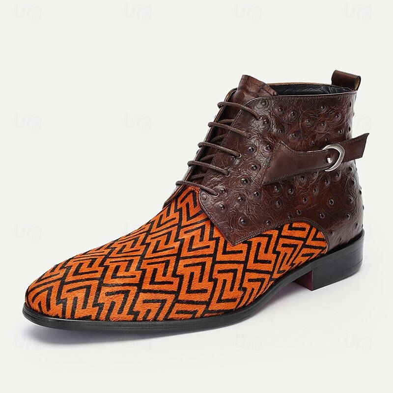 Men's Premium Cowhide Leather with Pony Hair Ankle Boots - Geometric Pattern Lace-Up Stylish Casual & Formal Shoes3