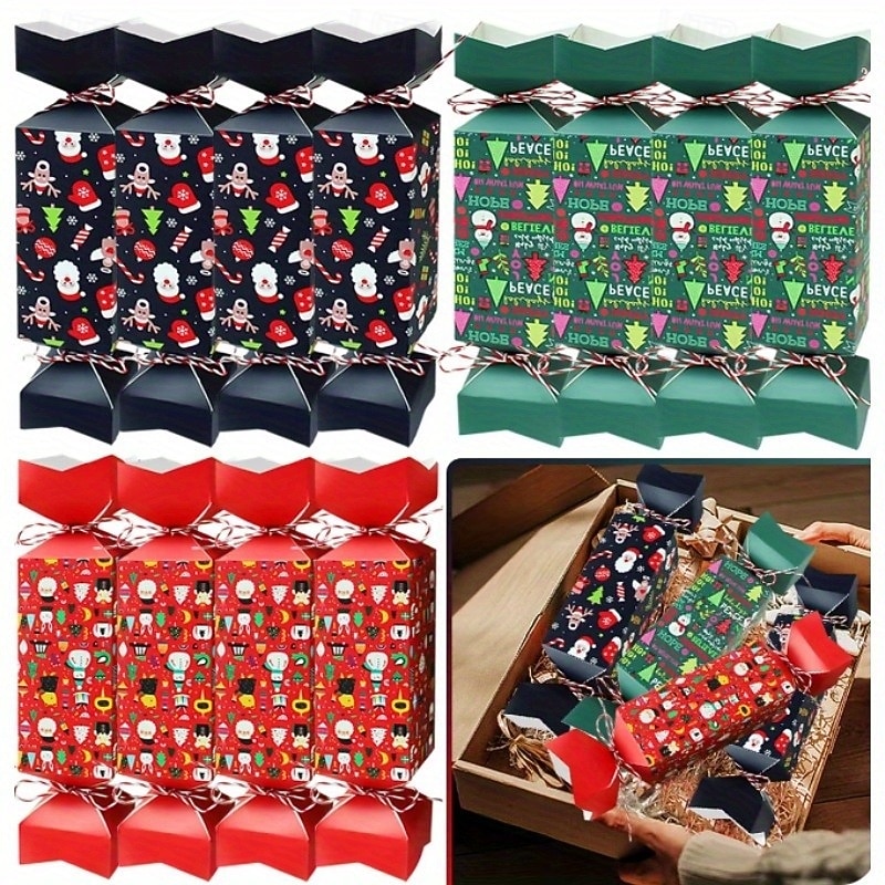 12Pcs Christmas Party Favor Crackers - DIY Paper Candy Boxes with Snowman & Santa Designs for Xmas Holiday Decorations and Gifts