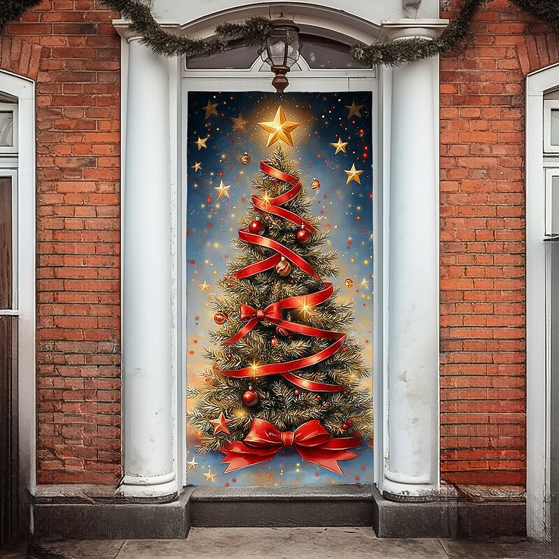 Christmas Door Decorations Door Covers Xmas Tree Ornaments Door Tapestry Door Curtain Decoration Backdrop Indoor/Outdoor Door Banner for Front Door Farmhouse4