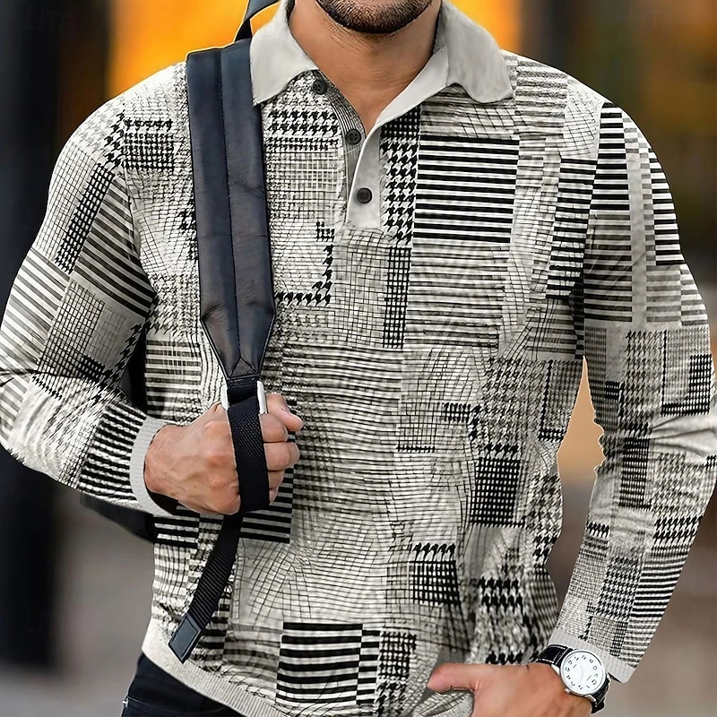 Men's Plaid Waffle Polo Shirts Golf Shirt Long Sleeve Polo Shirts Collared Shirts Vintage Casual Vacation Wear Formal Wear Festival Wear Buttons 3D Print Black Blue Brown