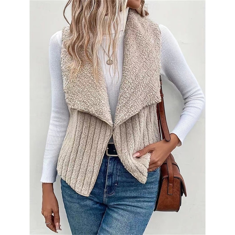 Women's Fleece Vest Warm Breathable Fleece Lined Casual Plain Vacation Street Daily Wear Going out Open Front Regular Turndown Regular Fit Sleeveless Outerwear White Khaki Gray Fall Winter3