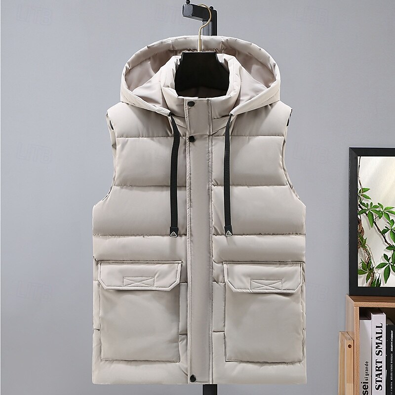 Men's Puffer Vest Hoodie Vest Padded Gilet Quilted Vest Daily Date Vacation Fashion Casual Fall & Winter Hooded Polyester Warm Comfortable Solid Color Zipper Stand Collar Regular Fit Black Khaki