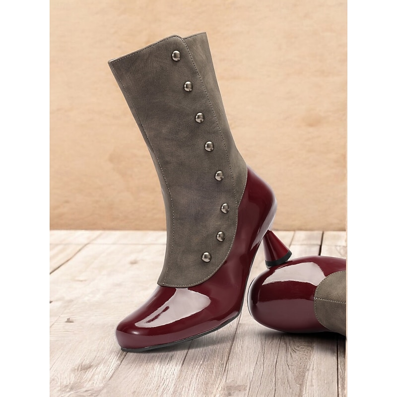 Women's Vintage Two-Tone Ankle Boots with Button Detailing and Low Heel – Retro Style Zipper Closure Boots for Fall and Winter Fashion