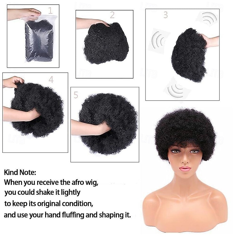 Short Human Hair Afro Wigs for Black Women and Men Glueless Wear and Go Wig 150% Density 70s 80s Afro Kinky Curly Full Machine Made Human Hair Wigs for Daily Party Use Cosplay Wig Halloween Hair Wig4