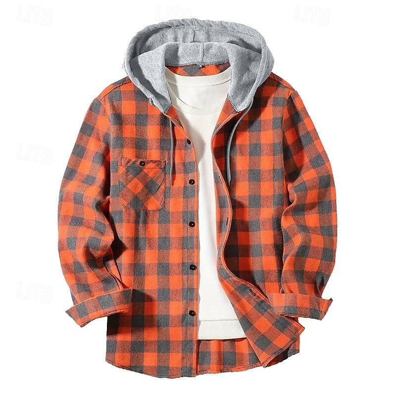Men's Shirt Flannel Shirt Overshirt Plaid Outdoor Street Red Royal Blue Purple Orange Long Sleeve Hooded Winter Spring &  Fall Clothing Apparel2