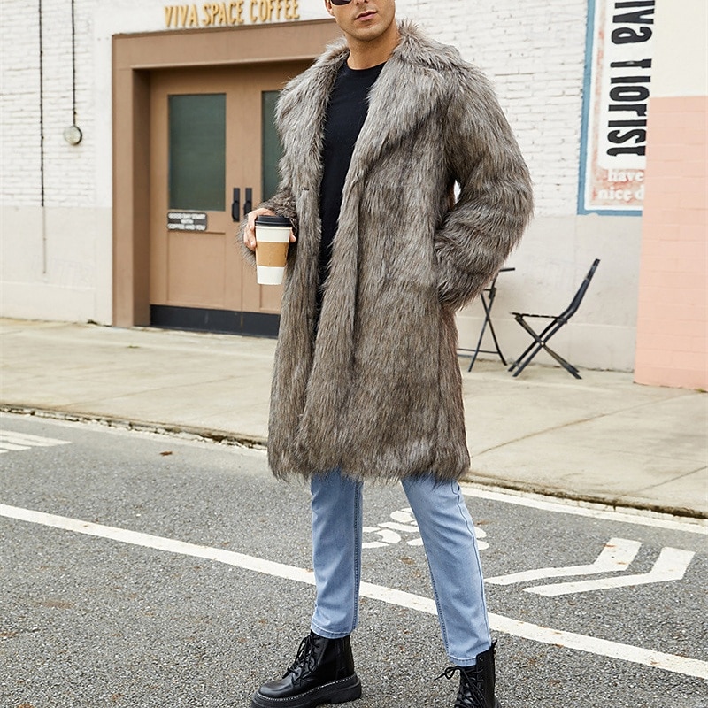 Men's Winter Jacket Fleece Jacket Faux Fur Coat Daily Vacation Thermal Warm Pocket Fleece Fall & Winter Leopard Print Fashion Streetwear Lapel Long White Brown Light Grey Jacket2