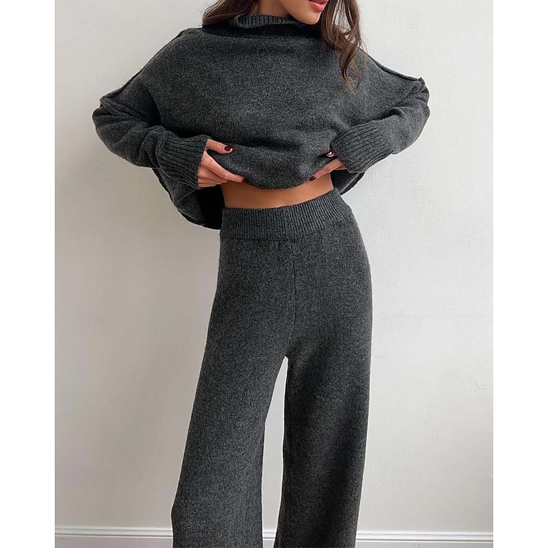 Women's Sweater Co-ords Sweater Set Casual Soft Pure Color Ribbed Turtleneck Split Knitted Long Sleeve Regular Tops Knit Outdoor Daily Weekend Khaki Dark Gray Fall Winter4