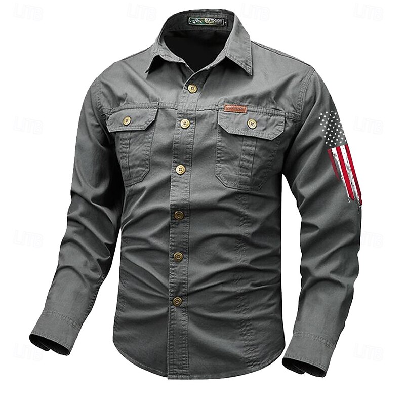 Men's American US Flag Patriotic Work Shirt Western Shirt Cargo Shirt Long Sleeve Vintage Western Casual Sports & Outdoor Going out Winter Spring &  Fall Turndown Print Black Army Green Red Blue Khaki2