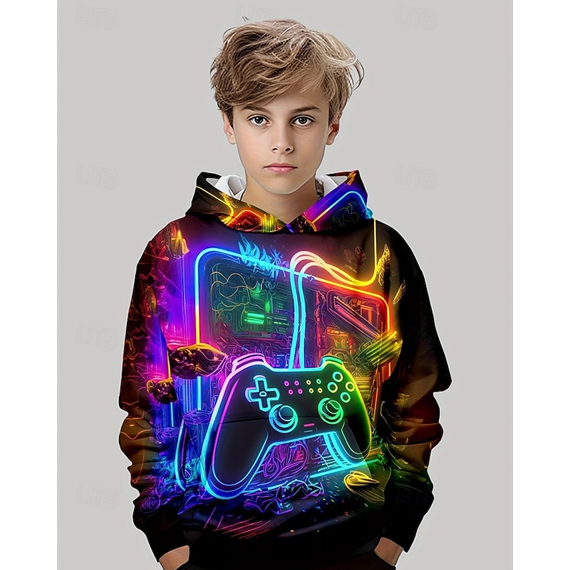 Boys 3D Graphic Game Hoodie Long Sleeve Spring Fall Fashion Streetwear Kids 4-12 Years Hooded Outdoor Casual Daily Regular Fit