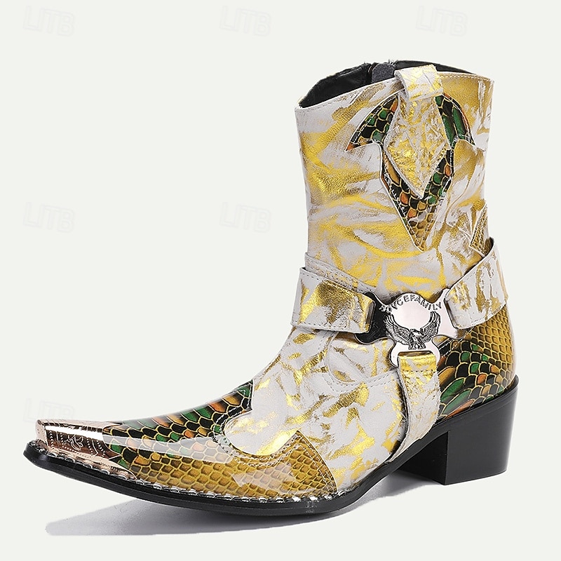 Men's Gold Snakeskin Leather Motorcycle Boots – Western Style Pointed Toe Ankle Boots with Buckle Straps and Bold Metallic Accents2