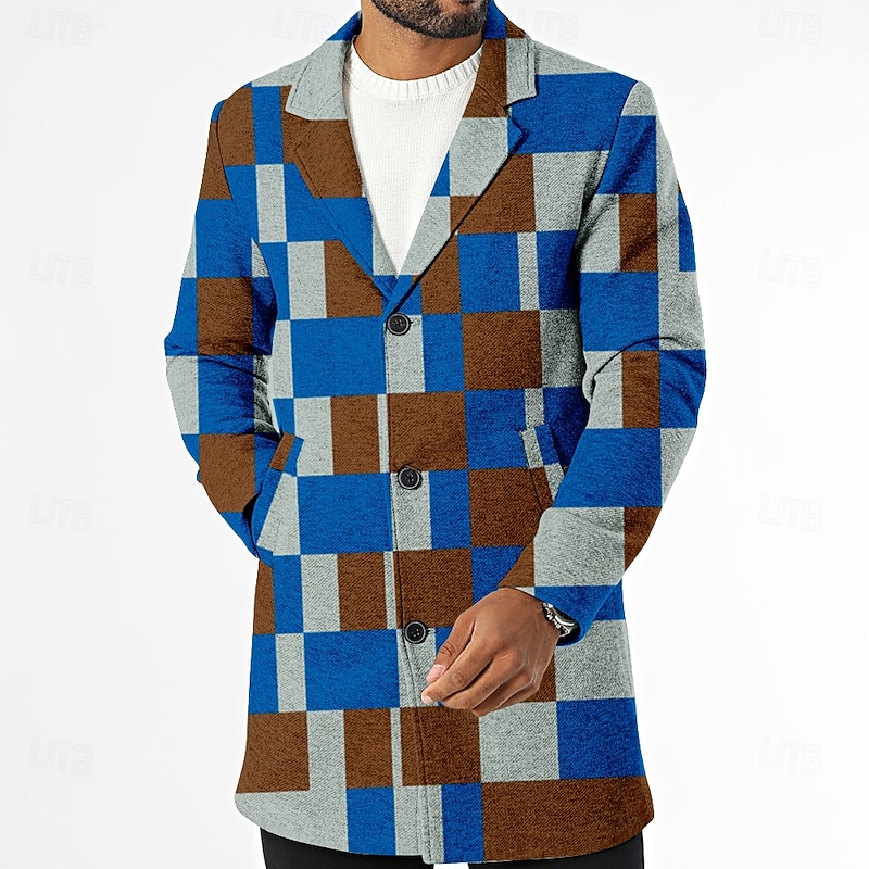 Men's Plaid Winter Coat Fleece Jacket Overcoat Thermal Comfortable Casual Street Outdoor clothing Daily Wear 3D Print Buttons Front Pocket Winter Turndown Long Sleeve Red Blue