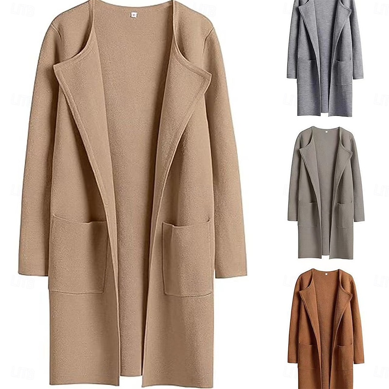Women's Winter Coat Warm Breathable Pocket Casual Plain Vacation Street Daily Wear Going out Open Front Long Turndown Regular Fit Long Sleeve Outerwear Black Brown Khaki Fall Winter