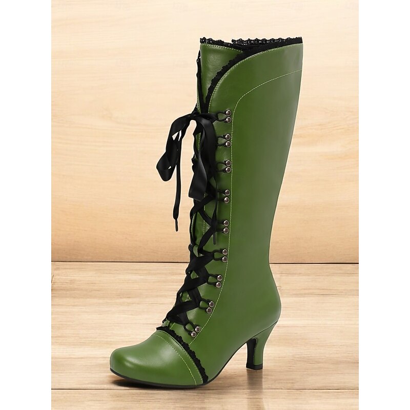 Women's Green Victorian Lace-Up Boots - Retro Mid-Calf Leather Boots with Black Lace Trim and Kitten Heel, Perfect for Cosplay, Parties, and Vintage Style Outfits4
