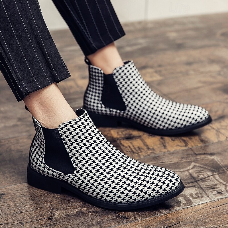Houndstooth Pattern Men's Chelsea Boots – Classic Slip-On Ankle Boots with Elastic Side Panels for Formal and Casual Occasions3