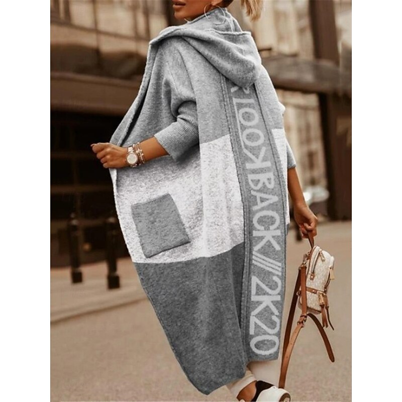 Women's Sweater Cardigan Casual Soft Letter Ribbed Hooded Pocket Knitted Long Sleeve Long Tops Knit Outdoor Daily Weekend White Yellow Fall Winter