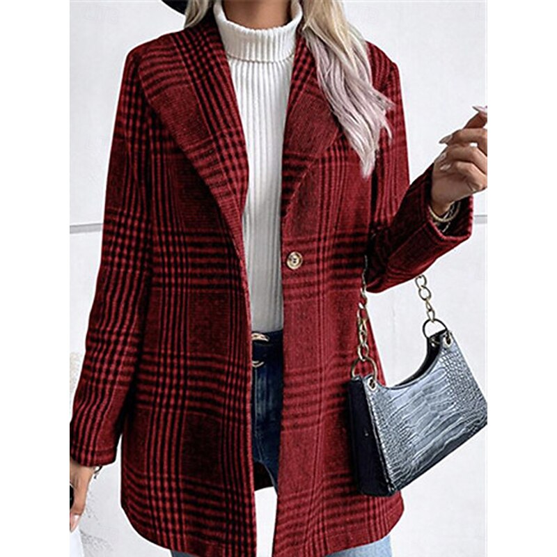 Women's Casual Jacket Outdoor Street Daily Wear Fall Winter Regular Coat Regular Fit Thermal Warm Breathable Stylish Casual Jacket Long Sleeve Stripes and Plaid with Pockets Print Red Camel Gray3