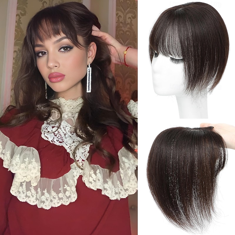 Hair Toppers for Women Real Human Hair, 5*9CM Bangs Hair Clip 3D Cover Wipsy Human Hair Topper with Bangs, Human Hair Toppers for Women Daily Dark Brown