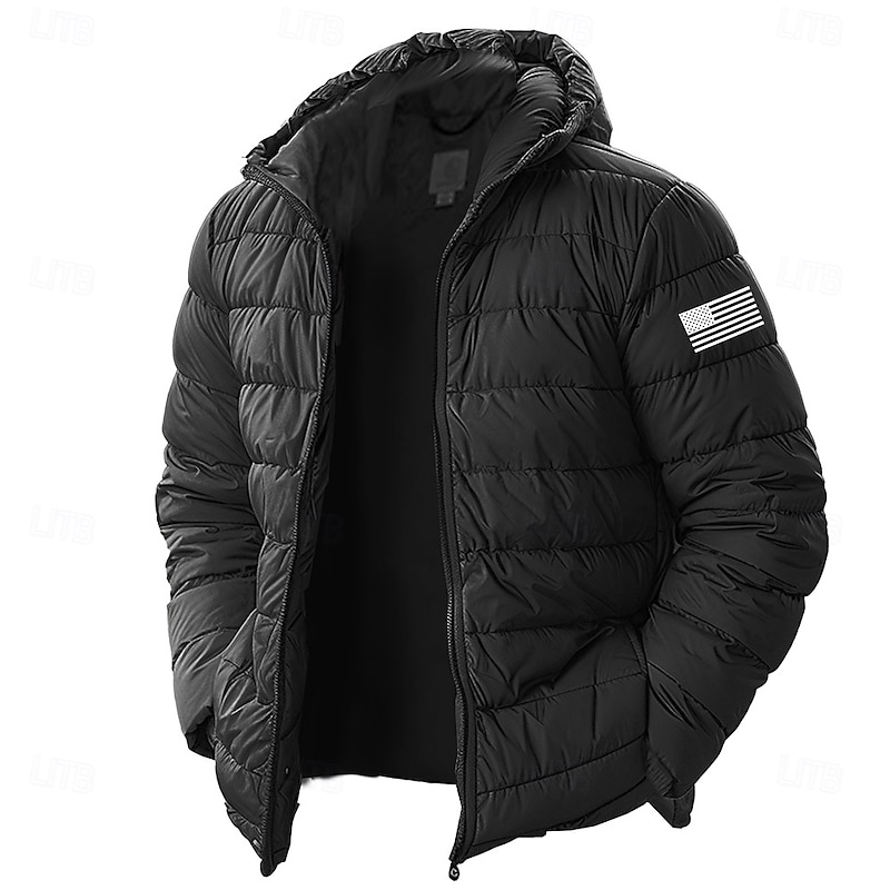Men's Graphic American US Flag Down Jacket Puffer Jacket Waterproof Rain Waterproof Lightweight Casual Daily Holiday Going out Print Fall Winter Hooded Long Sleeve Black Navy Blue Army Green2