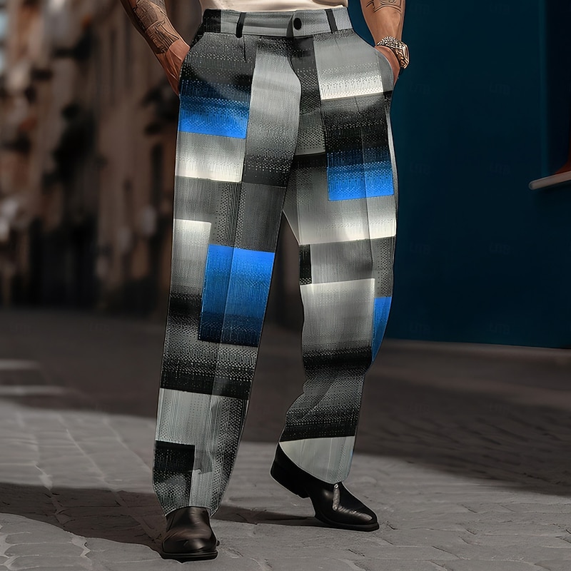Men's Geometric Plaid Color Block Dress Pants Mid Waist Business Casual Formal Street Dailywear Zipper Pocket Straight Leg Trousers Summer Spring Fall 3D Print Black Blue Brown4