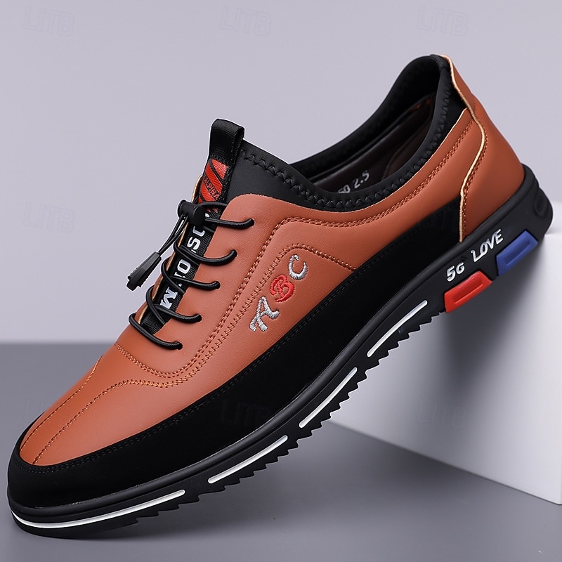 Men's Fashion Casual Sports Shoes – Brown and Black Lightweight Sneakers with Embroidered Design and Elastic Lace-Up Closure