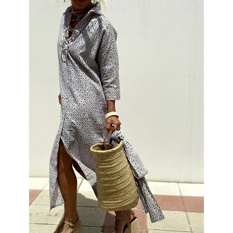 Women's Shirt Dress Geometric Stripe Button Print V Neck Long Dress Maxi Dress Elegant Daily Half Sleeve Winter