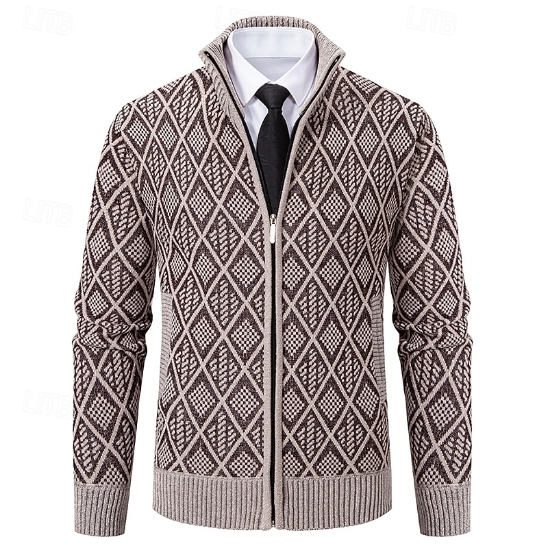 Men's Cardigan Zip Sweater Chunky Knit Regular Zipper Pocket Geometric Standing Collar Knitwear Elegant Home Work Clothing Apparel Bishop Sleeve Spring Fall Black Navy Blue M L XL3