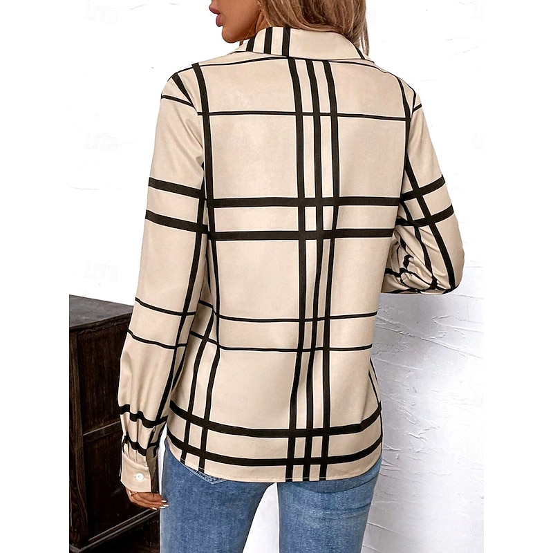 Women's Shirt Long Sleeve Button Down Blouse Plaid Casual Shirt Collar Regular Tops Daily Patchwork Buttons Print Khaki Fall Winter2