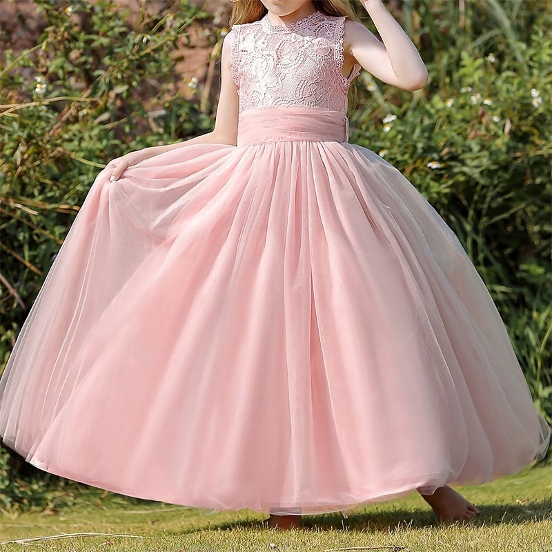 Kids Girls' Flower Girl Dress Party Dress Solid Color Sleeveless Performance Wedding Party Mesh Backless Patchwork Elegant Sweet Polyester Lace Maxi Party Dress Swing Dress Tulle Dress Spring Fall