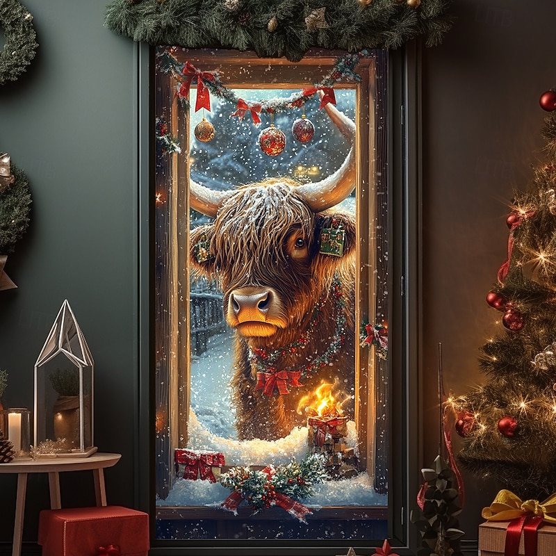 Christmas Door Decorations Door Covers Xmas Hat Door Tapestry Door Curtain Decoration Backdrop Indoor/Outdoor Door Banner for Front Door Farmhouse Highland Cattle