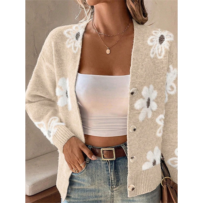 Women's Sweater Cardigan Casual Soft Floral Ribbed V Neck Buttons Knitted Long Sleeve Regular Tops Knit Outdoor Daily Weekend Black Light Grey Fall Winter 7