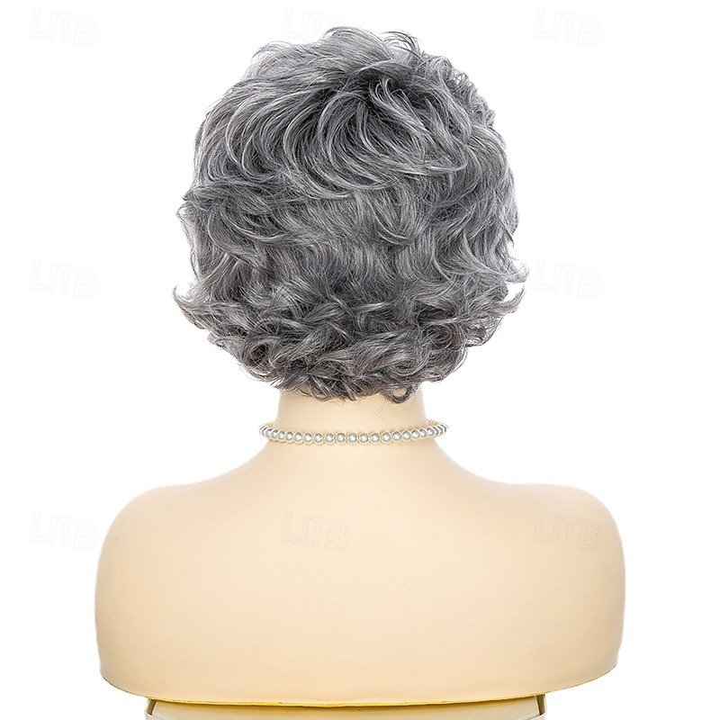 Short Curly Silver Gray Wigs for White Women Heat Resistant Natural Synthetic Hair Old Ladies Daily Cosplay Full Wigs3