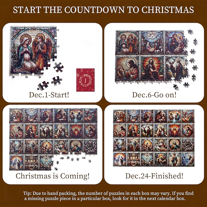 Christmas Advent Calendar Jigsaw Puzzle Stained Glass Life of Jesus Xmas Gift Puzzle 1000 Pieces 24 Days Christmas Countdown Calendar Winter Puzzle as Christmas Decoration4