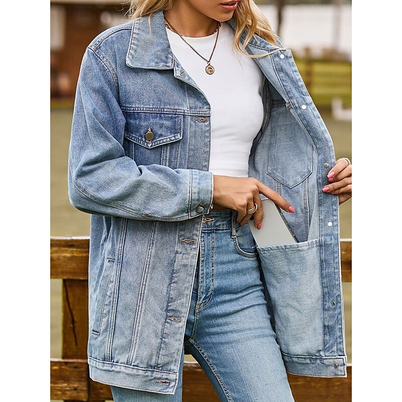 Women's Denim Jacket Outdoor Street Daily Wear Fall Winter Regular Coat Regular Fit Thermal Warm Breathable Stylish Casual Jacket Long Sleeve Solid Color with Pockets Light Blue Black Pink3