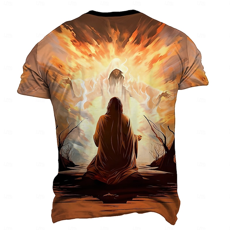 Christmas Men's Jesus T Shirt Short Sleeve T shirt 3D Print Crew Neck Shirt Retro Vintage Casual Street Style Christmas Sports Outdoor Holiday Orange Spring & Summer Clothing Apparel S M L XL XXL XXXL2
