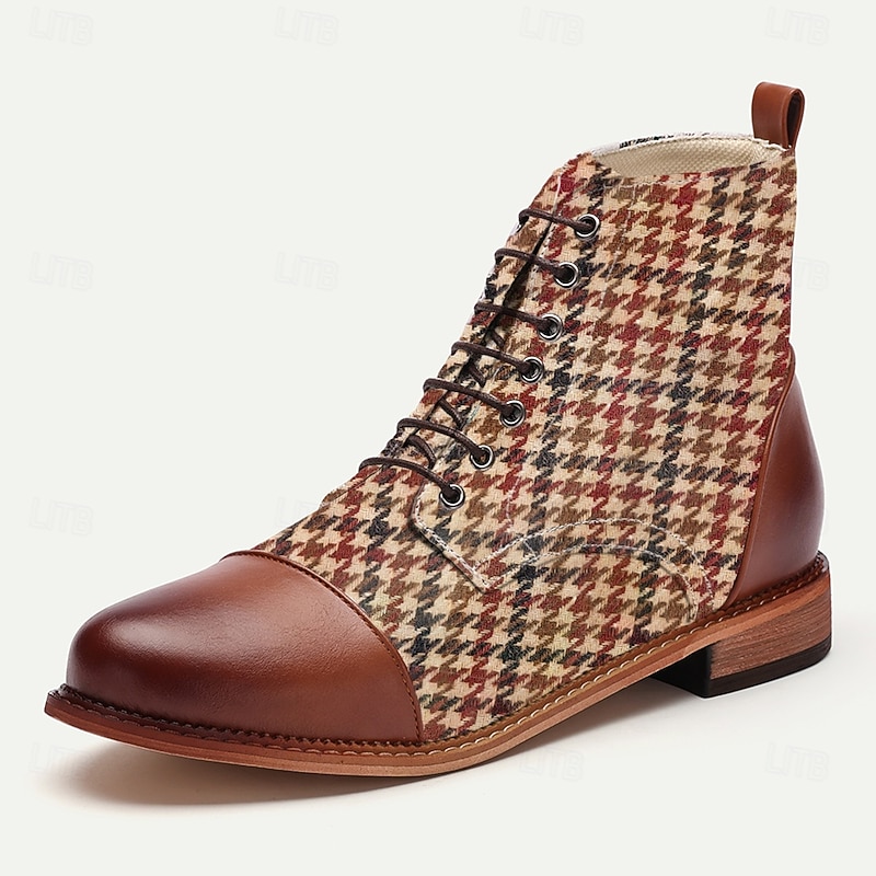 Men's Houndstooth Lace-Up Ankle Boots - Brown and Red Checkered Pattern, Brown Faux Leather Accents, Perfect for Vintage and Casual Style3