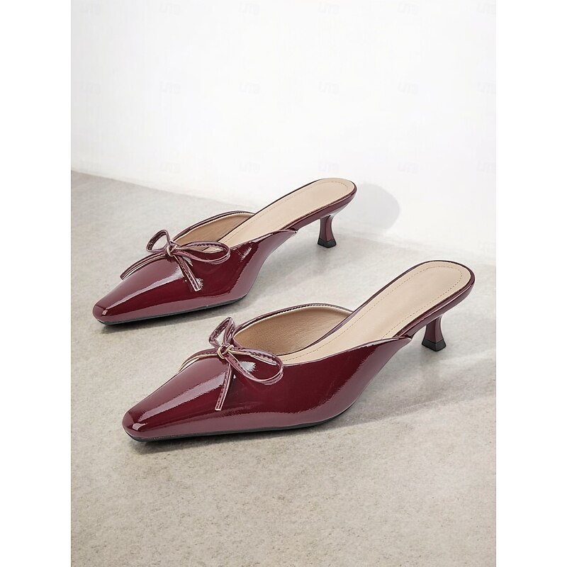 Women's Burgundy Patent Faux Leather Mules with Bow Detail - Chic Slip-On Heels with Pointed Toe for Elegant Outfits3