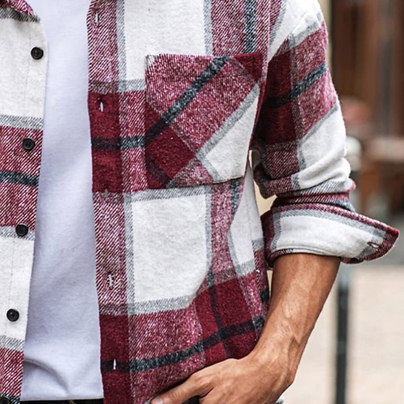 Men's Shirt Flannel Shirt Overshirt Lattice Outdoor Street Red Blue Green Khaki Long Sleeve Turndown Spring &  Fall Clothing Apparel3