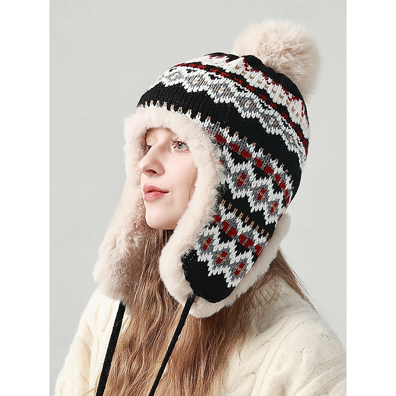 Winter Knitted Trapper Hat with Pom-Pom and Faux Fur Lining - Warm Ear Flap Beanie for Women2