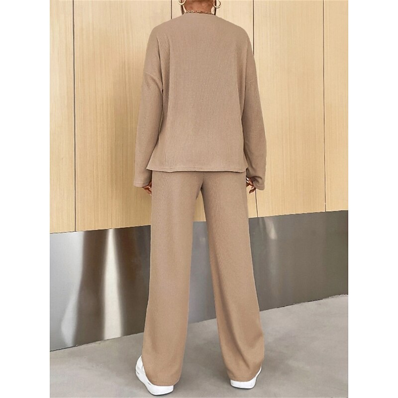 Women's Fashion Streetwear Daily Sweatshirt Sweatpants Long Sleeve Crew Neck Plain Casual Daily Navy Blue Blue Khaki Fall Regular Fit2