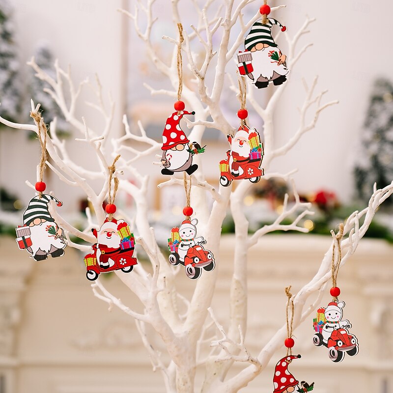 Christmas Wooden Gnome Ornaments Set, 4-Grid Cartoon Print Wooden Box with Santa and Gnome Decorations, Xmas Tree Hanging Decor3