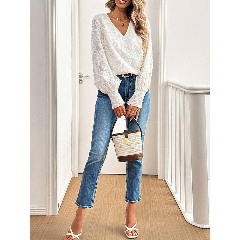 Women's Shirt Blouse Solid Color Basic Casual Long Sleeve Lantern Sleeve V Neck Regular Tops Daily Lace Embroidered White Fall Winter2