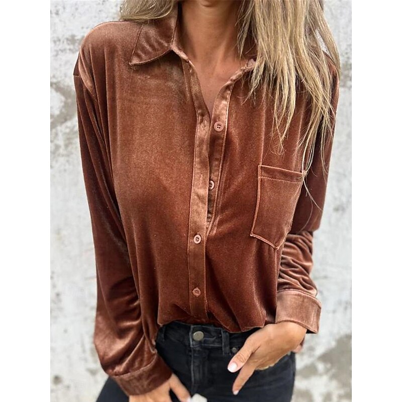 Women's Shirt Blouse Solid Color Basic Casual Long Sleeve Shirt Collar Regular Tops Daily Buttons Fuchsia Brown Green Fall Winter2