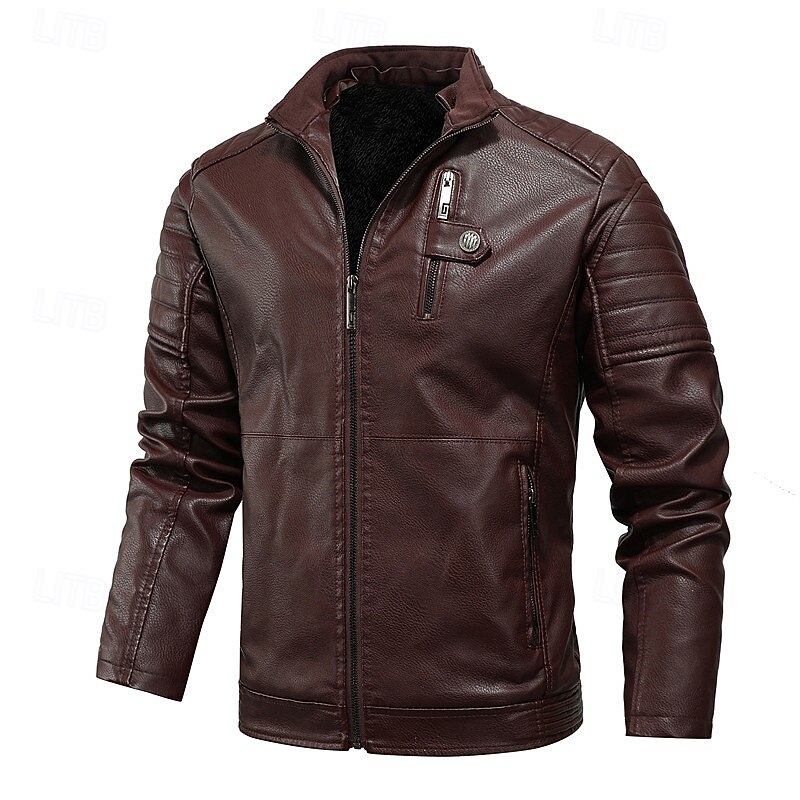 Men's Faux Leather Jacket Formal Home Full Zip Winter Spring &  Fall Solid Color Vintage Fashion Shirt Collar Regular Black White Burgundy Brown Jacket3