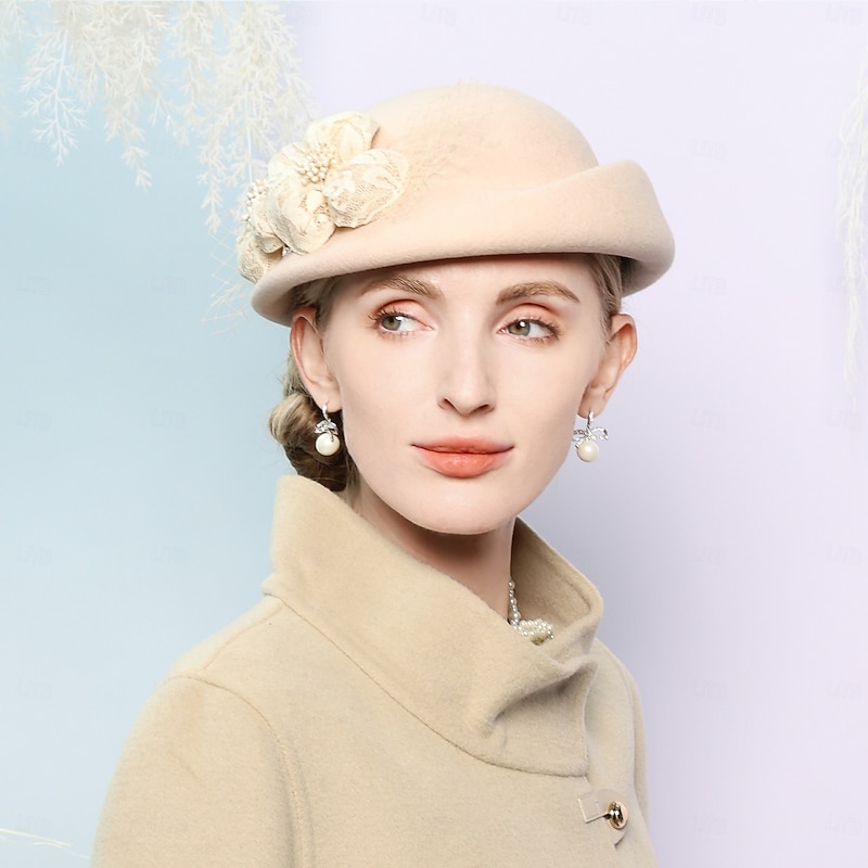 Hats 100% Wool Beret Hat Bowler / Cloche Hat Wedding Tea Party Elegant Wedding With Lace Side Splicing Headpiece Headwear2