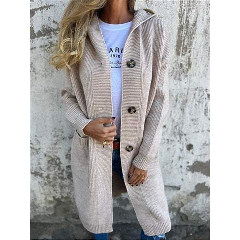 Women's Sweater Cardigan Casual Soft Pure Color Ribbed Hooded Buttons Pocket Knitted Long Sleeve Long Tops Knit Outdoor Daily Weekend Black Yellow Fall Winter3